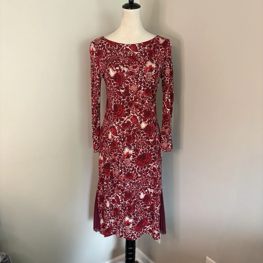 Tory Burch Ria Red Butterfly Floral Dress S Sheath Pleated Side Slit Long Sleeve